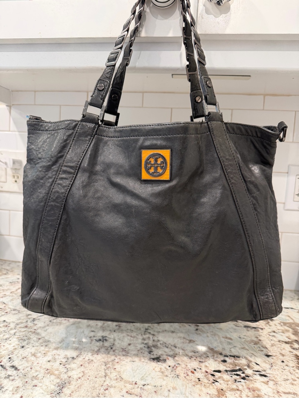 Tory Burch Black Leather Tote with Orange Logo Patch